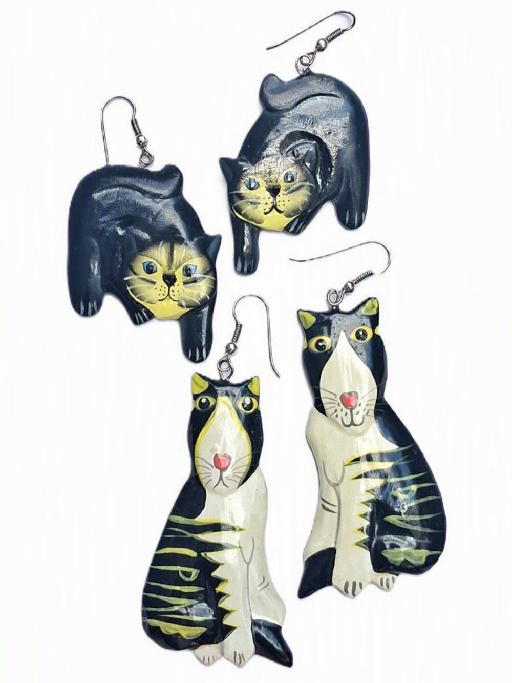 Cat Dangle Earrings Vtg Hand-Painted Wood Folk Art - Set of 2 Pair
